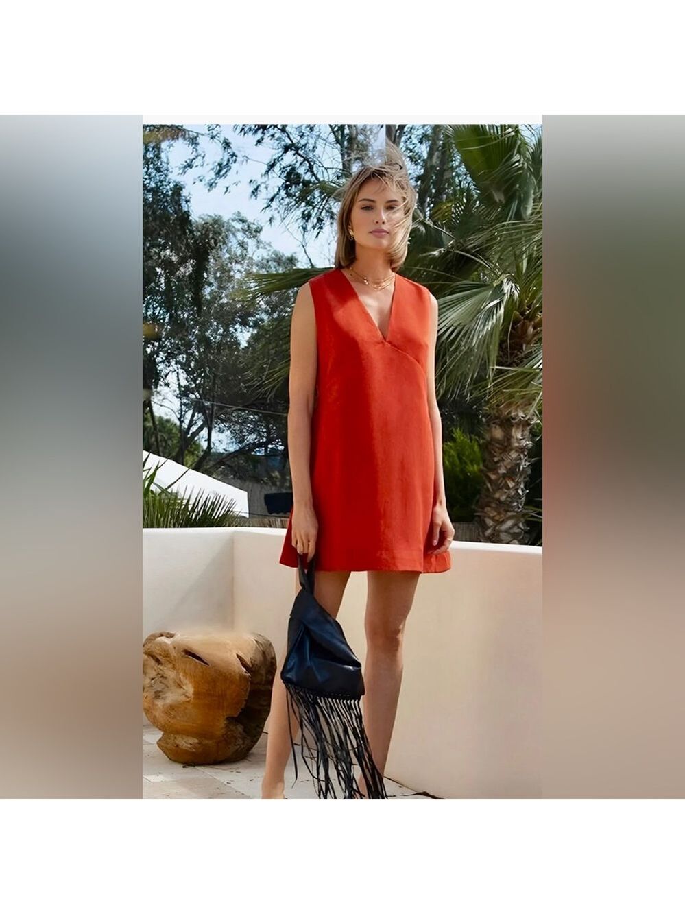 Commense Vibrant Red-Orange V-Neck Dress Size XL Cotton & Linen